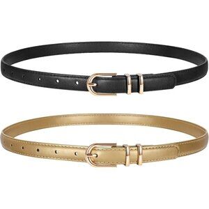 2 Pack Women's Skinny Leather Belts Black Gold Thin Faux with Gold Buckle